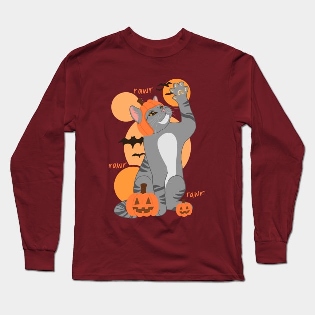 HALLOWEEN PUMPKIN GRAY CAT Long Sleeve T-Shirt by ulricartistic